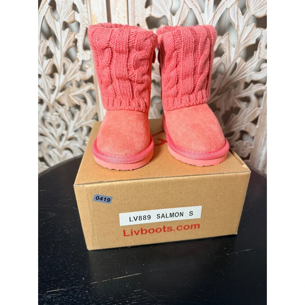 Livboots LV889 Salmon Pink Cable Knit Faux Fur Lined Winter Boots Kids Size S